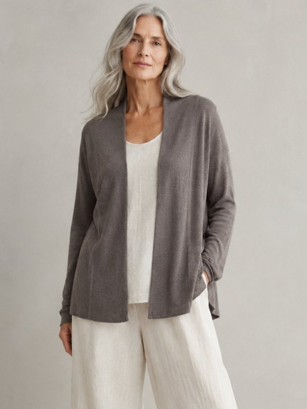 Eileen Fisher Linen/Nylon Open Front Cardigan Size XL in Brown Worn Twice